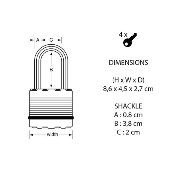 Cadenas à  clé acier laminé 45mm anse octogonale d.8xh.38mm 4 goupilles