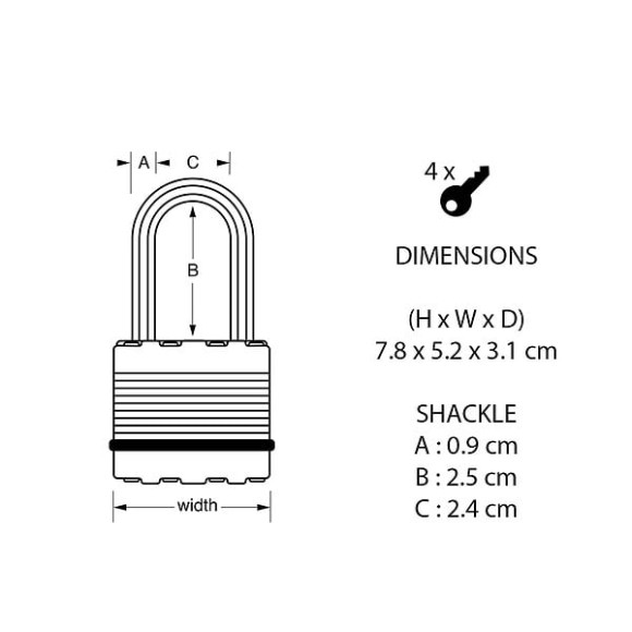 Cadenas à  clé acier laminé 52mm anse octogonale d.9xh.25mm 4 goupilles