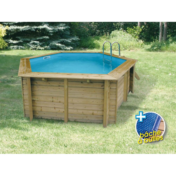 Piscine bois Azura 410 x 120 m - Liner bleu + Bâche à  bulles - Ubbink