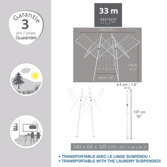 MSV Etendoir à  linge Accordéon extensible 33m Blanc