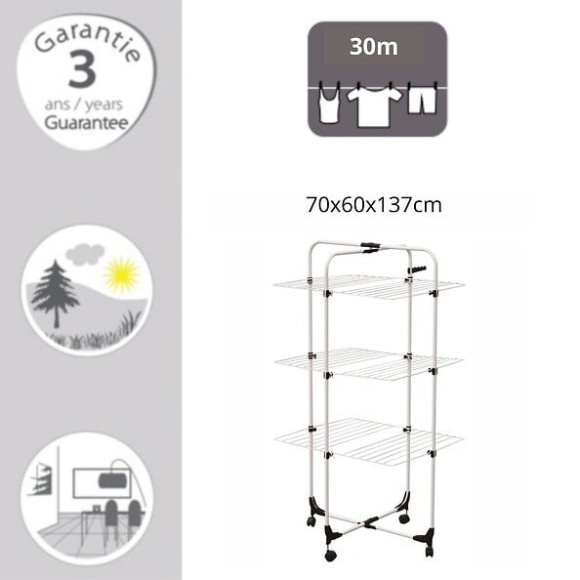 MSV Etendoir à  linge Tour 3 Niveaux 30M à  roulettes Acier Blanc avec acessoires