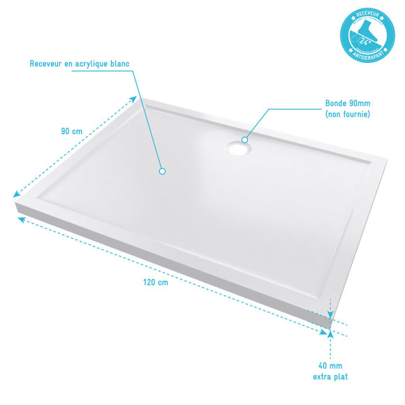 RECEVEUR DE DOUCHE A POSER EXTRA-PLAT ACRYLIQUE BLANC RECTANGLE -120x90cm