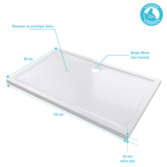 RECEVEUR DE DOUCHE A POSER EXTRA-PLAT EN ACRYLIQUE BLANC RECTANGLE - 140x90cm - BAC DE DOUCHE