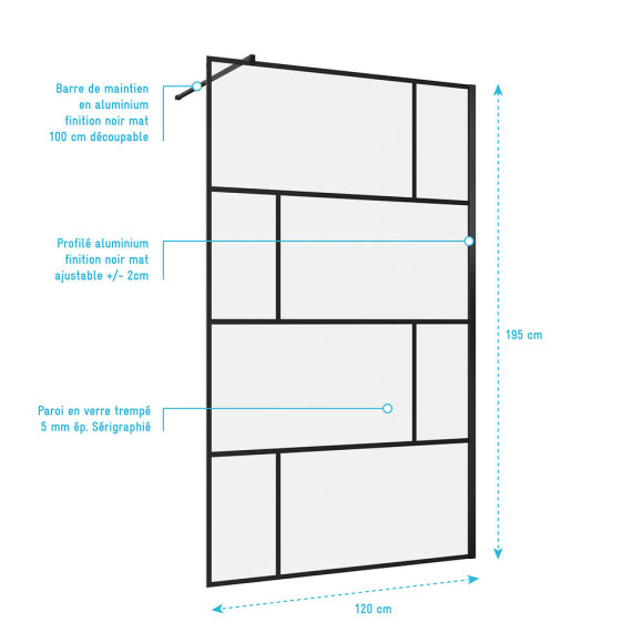 Paroi de douche a l'italienne serigraphie type brique - dim 120x195cm - Profile noir mat - 5mm