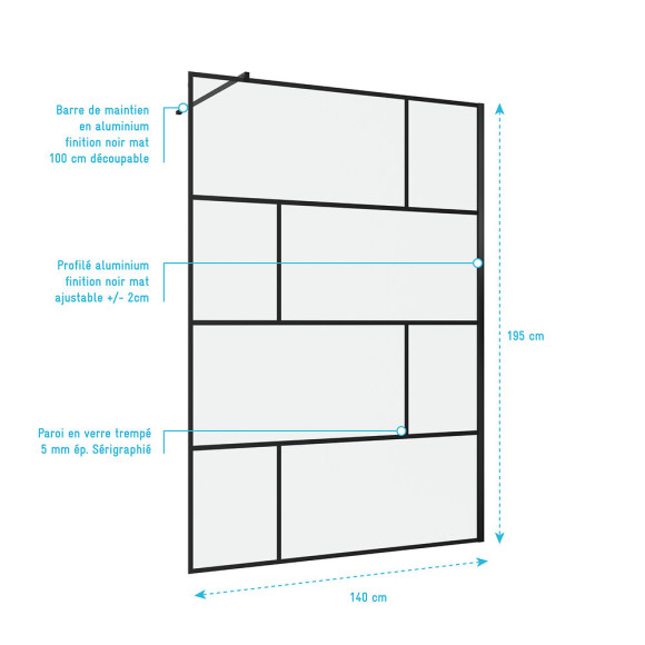 Paroi de douche a l'italienne serigraphie type brique - 140x195cm - Profile noir mat - verre 5mm