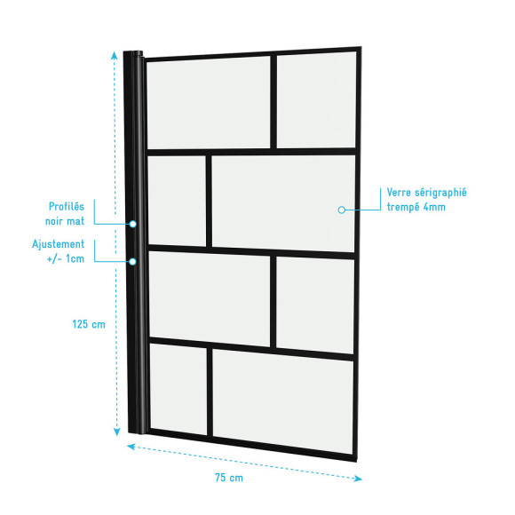 Pare baignoire rabattable sérigraphié 75x125cm - Finition Noir Mat - BLOCKS SCREEN