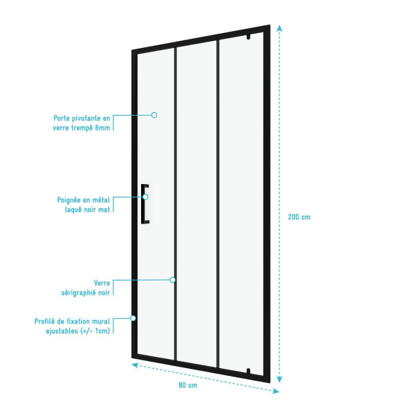 Paroi porte de douche pivotante type industriel - 80x200cm - PROFILE NOIR MAT - verre 6mm