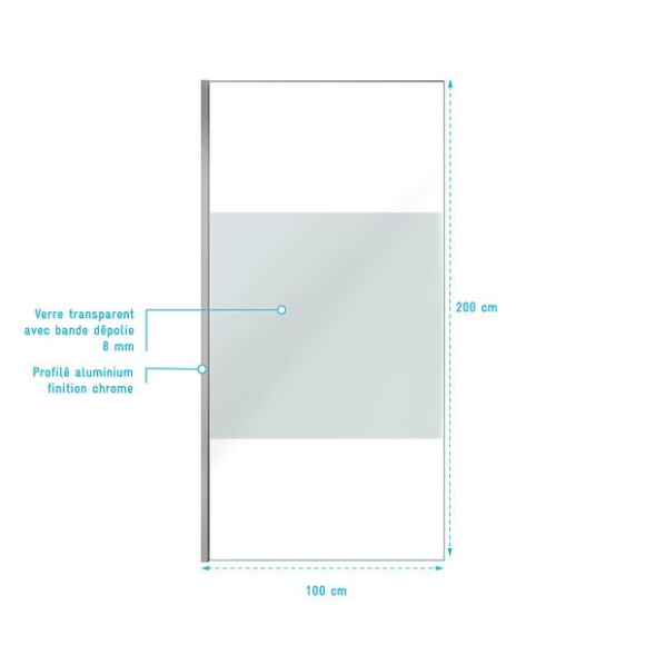 Paroi de Douche 100x200cm - Verre Trempé Dépoli 8mm - Profilé Chrome - FREEDOM 2 FROSTED