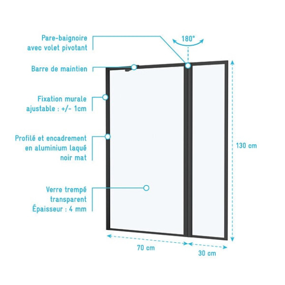 Pare baignoire avec Volet Pivotant 70+30x130cm - Finition Noir Mat - DARK CONTOURING SCREEN