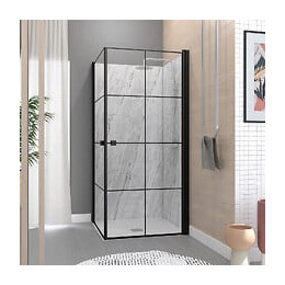 Portes de Douche en Angle 90x90x190 cm - Motifs carrés - Profilés Noir Mat - BLACK CUBE