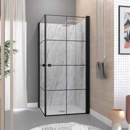 Portes de Douche en Angle 90x90x190 cm - Motifs carrés - Profilés Noir Mat - BLACK CUBE