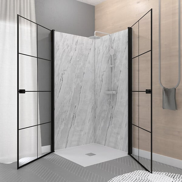 Portes de Douche en Angle 80x80x190 cm - Motifs carrés - Profilés Noir Mat - BLACK CUBE