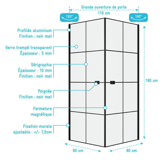 Portes de Douche en Angle 80x80x190 cm - Motifs carrés - Profilés Noir Mat - BLACK CUBE