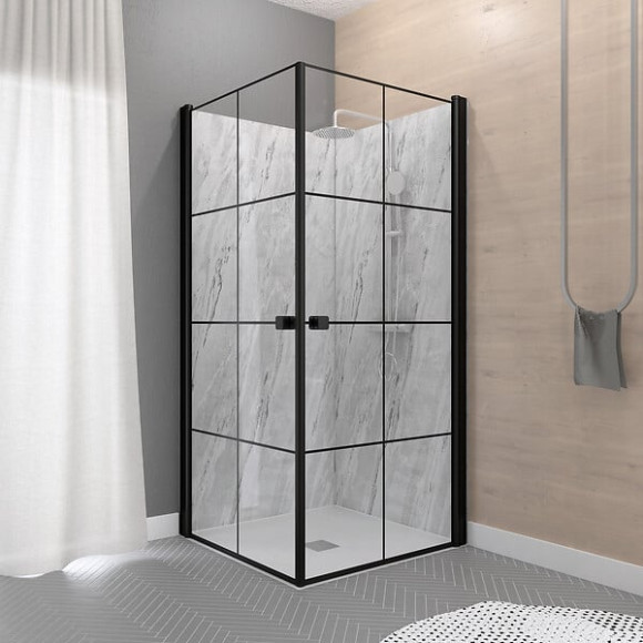 Portes de Douche en Angle 80x80x190 cm - Motifs carrés - Profilés Noir Mat - BLACK CUBE