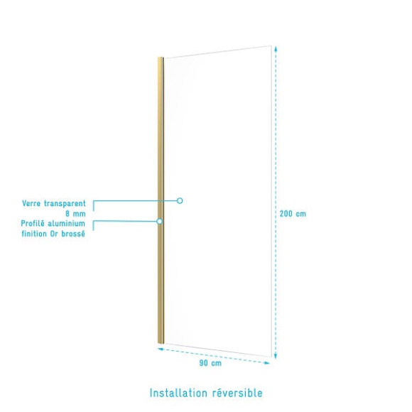 Paroi de douche à  l'italienne 90x200 cm verre trempé 8 mm - Finition Or Doré Brossé - FREEDOM 2 GOLD