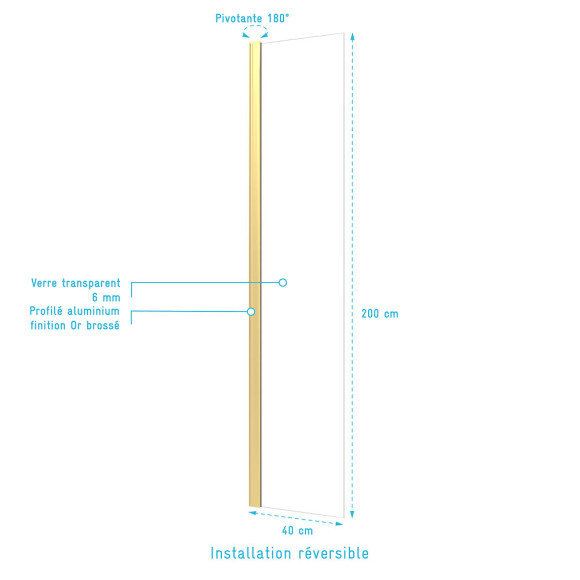 Volet pivotant pour paroi de douche fixe - 40x200cm - Verre transparent 6mm - Profile Or Doré Brossé