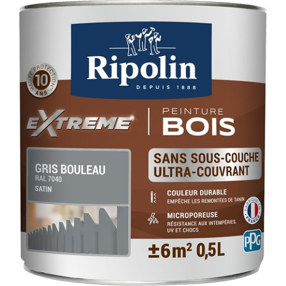 Peinture RIPOLIN Extrême Bois Microporeuse Satin 05L Gris Bouleau