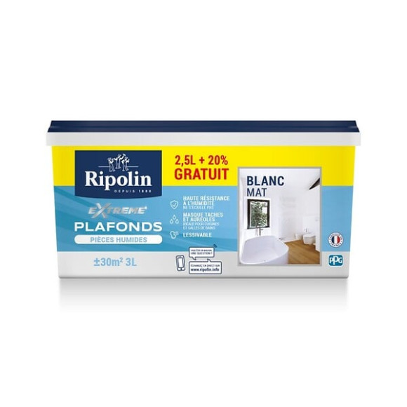 Peinture Plafonds Pièces Humides RIPOLIN Extrême mat Blanc 3L