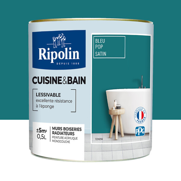 Peinture RIPOLIN cuisine et bain murs boiseries bleu pop satin 05L