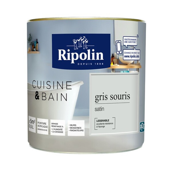 Peinture RIPOLIN cuisine et bain murs boiseries gris souris satin 05L