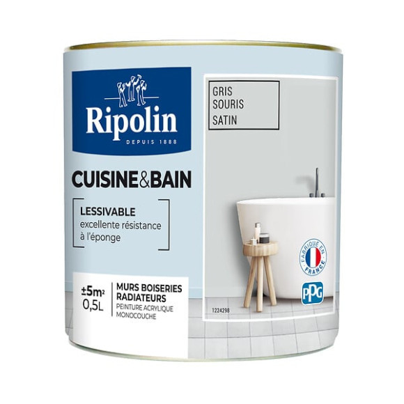 Peinture RIPOLIN cuisine et bain murs boiseries gris souris satin 05L