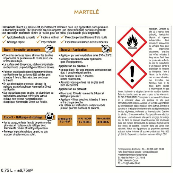 Peinture Direct sur Rouille - Martele Rouge - 075L