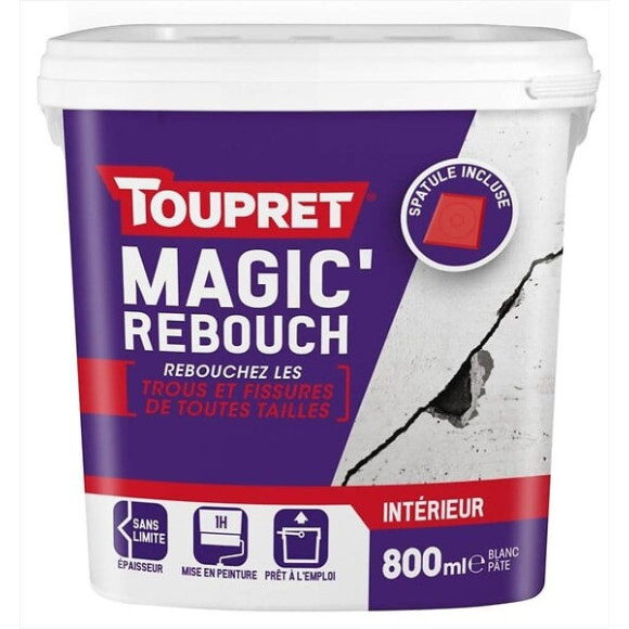 Enduit de rebouchage TOUPRET + spatule 800ml en pâte allégée pour mur et plafond