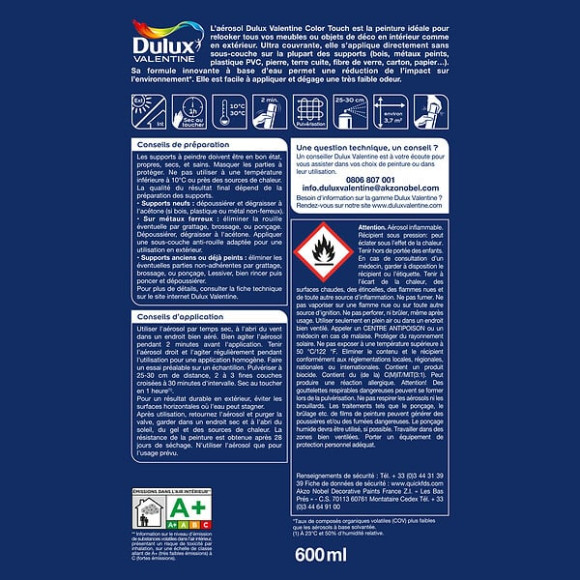 Aérosol Dulux Valentine Color Touch Satin Blanc 600 ML