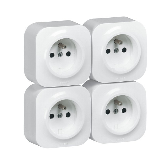 Lot de 4 prises de courant saillie avec terre Profil Eco complet-blanc