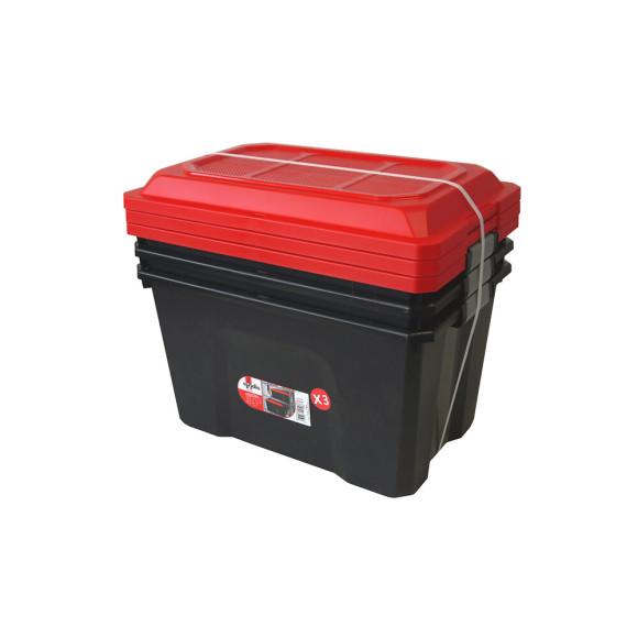 Boite de rangement Locker - Lot de 3 - Noir et rouge - 60L