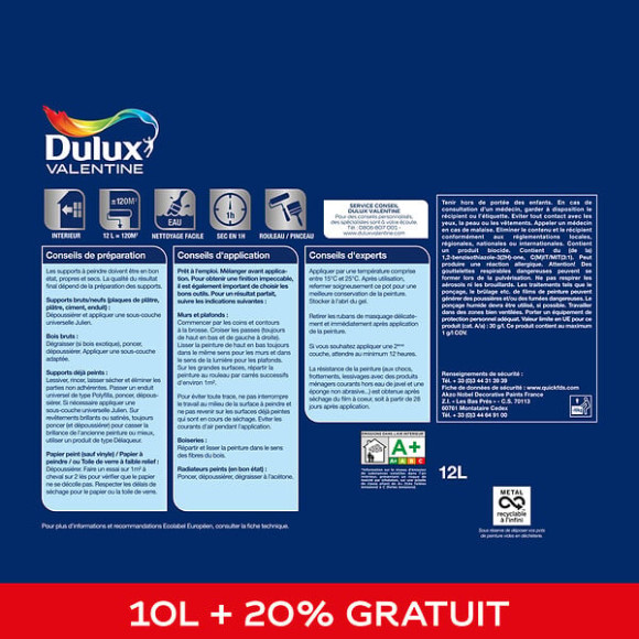 Peinture Le Blanc Finition Parfaite Dulux Valentine Satin 10L+20%