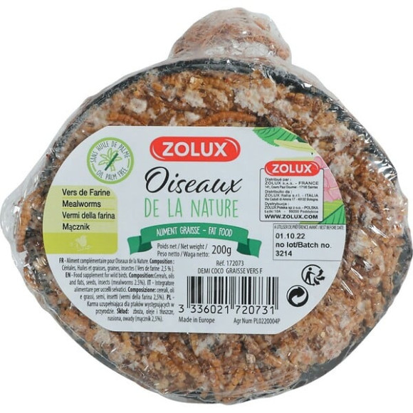 Demi noix de coco graisse et vers de farine ZOLUX pour oiseaux