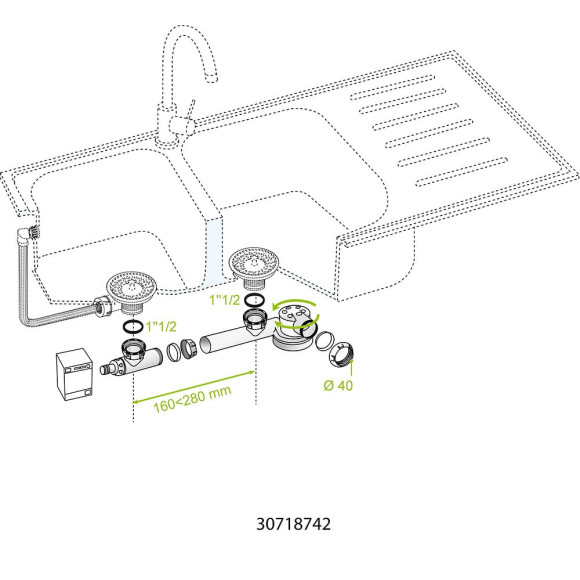 Tubulure avec siphon extra-plat ESPACE pour évier 2bac