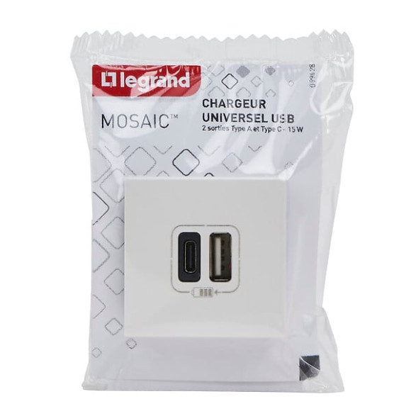 Double chargeur USB Type-A + Type-C Mosaic 3A 2 modules - blanc