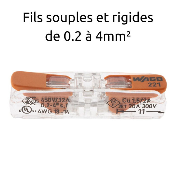 Lot de 10 bornes à  leviers IN LINE S221 - Conducteurs 0.2 à  4mm² max - Orange - Wago