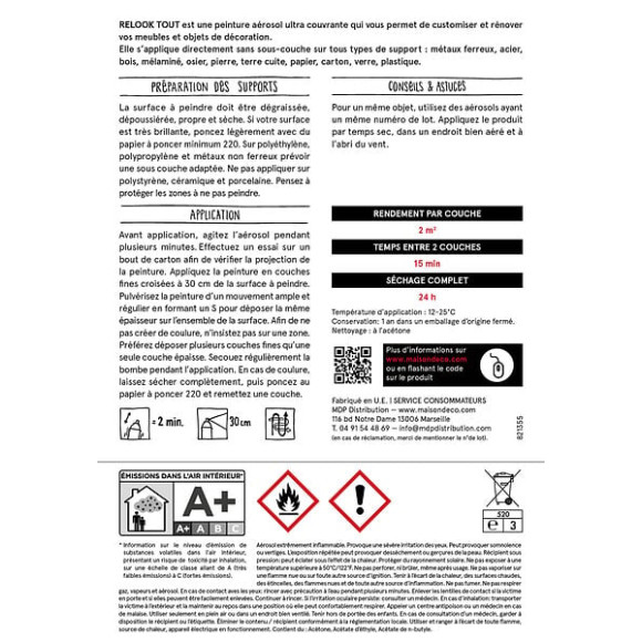 Peinture aérosol Relook Tout - Blanc - Satin - 400ml