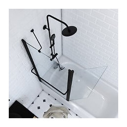 PARE BAIGNOIRE AVEC VOLET PIVOTANT 130x105cm PROFILE ALUMINIUM NOIR MAT ET VERRE TRANSPARENT