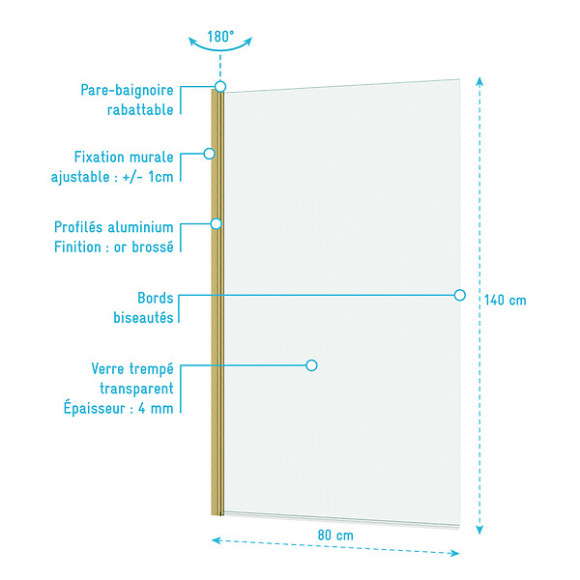 Pare-baignoire Rabattable 80x140cm - Profilé Or Doré Brossé - Verre Trempé 4mm - ELEMENTARY