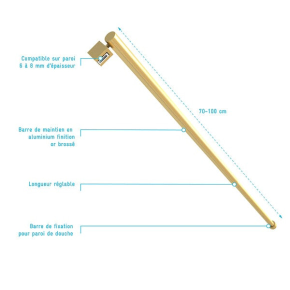 Barre de fixation murale OR DORE BROSSE réglable de 70 à  100cm pour paroi de douche FREEDOM 2 GOLD