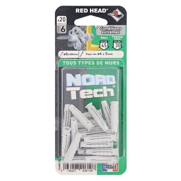 Chevilles RED HEAD Nordtech D.6x30mm Lot de 20