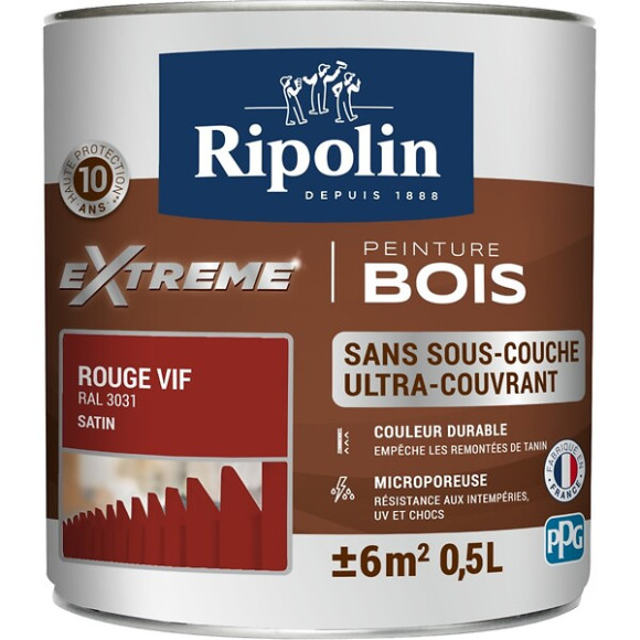 Peinture RIPOLIN Extrême Bois Microporeuse Satin 05L Rouge Vif