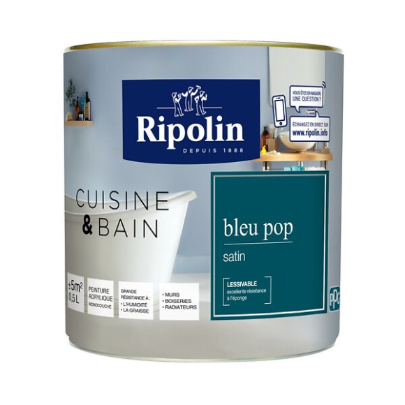 Peinture RIPOLIN cuisine et bain murs boiseries bleu pop satin 05L