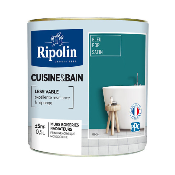 Peinture RIPOLIN cuisine et bain murs boiseries bleu pop satin 05L