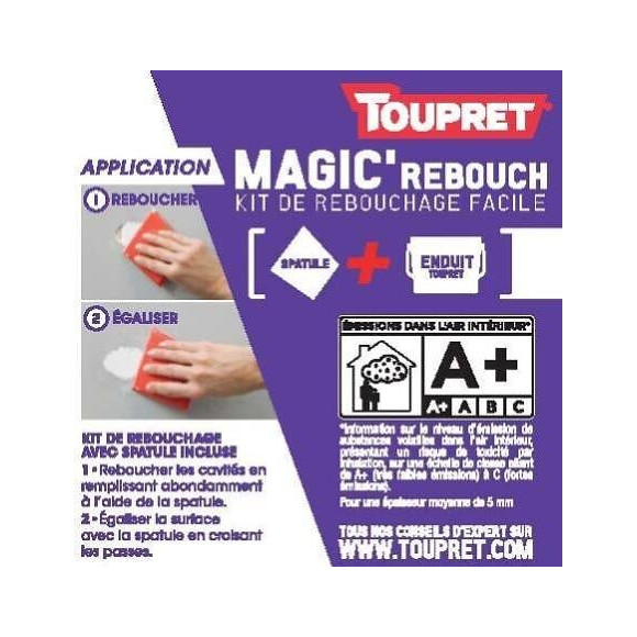 Enduit de rebouchage TOUPRET + spatule 800ml en pâte allégée pour mur et plafond