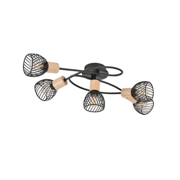 Plafonnier Kento 5 lampes - Metal noir et bois - 25W