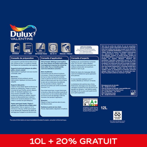 Peinture Le Blanc Finition Parfaite Dulux Valentine Mat 10L+20%