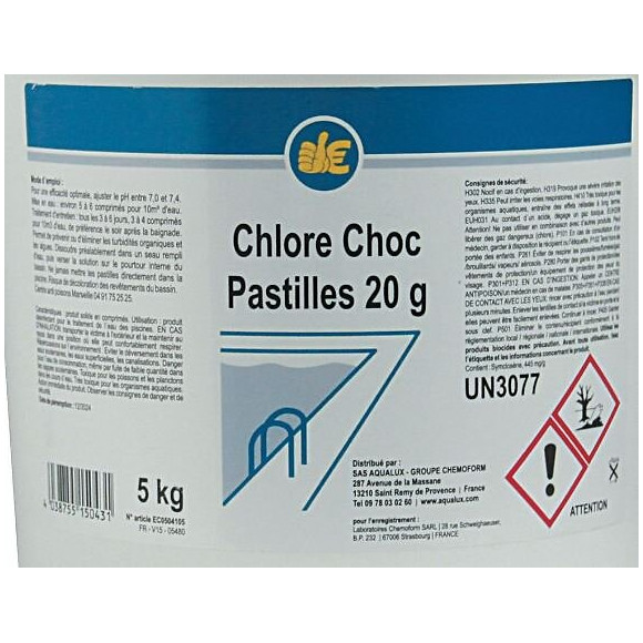 Chlore choc - Effet immédiat - Pastilles de 20g - 5KG