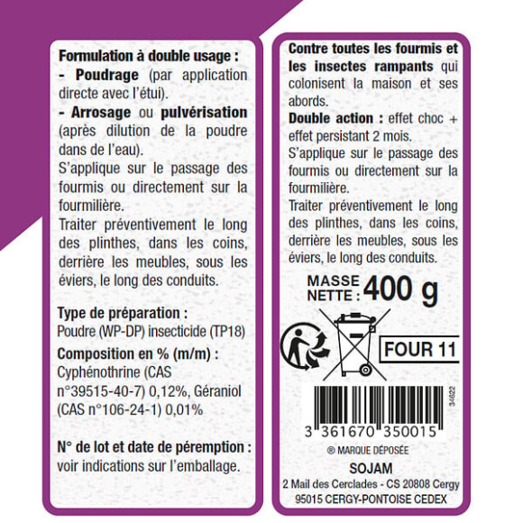 Poudre fourmis ''Poudrage et arrosage'' 400g