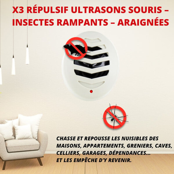 Lot de 3 répulsifs ultrasons souris insectes rampants 135m2