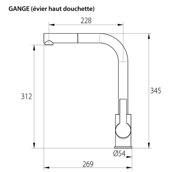 Mitigeur d'Evier Haut Inox Brossé à  Douchette Laiton GANGE by Eurosanit